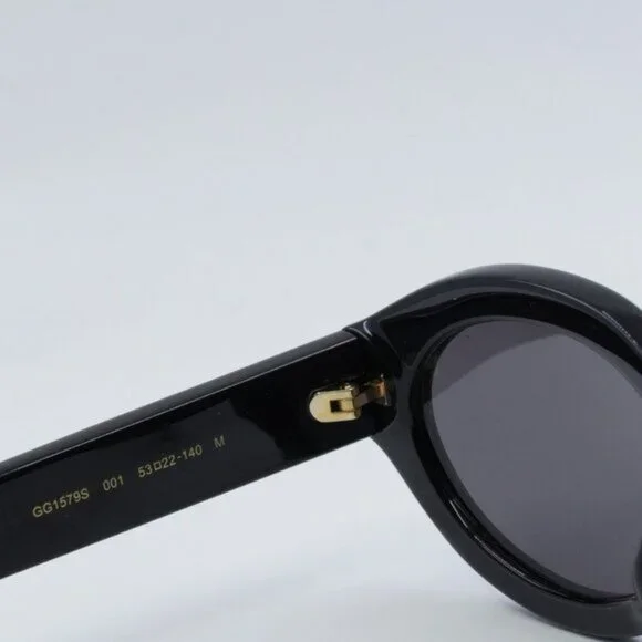 Gucci GG1579S 001 Sunglasses Shiny Black Oval Frame, Grey Lenses - Picture 5 of 10